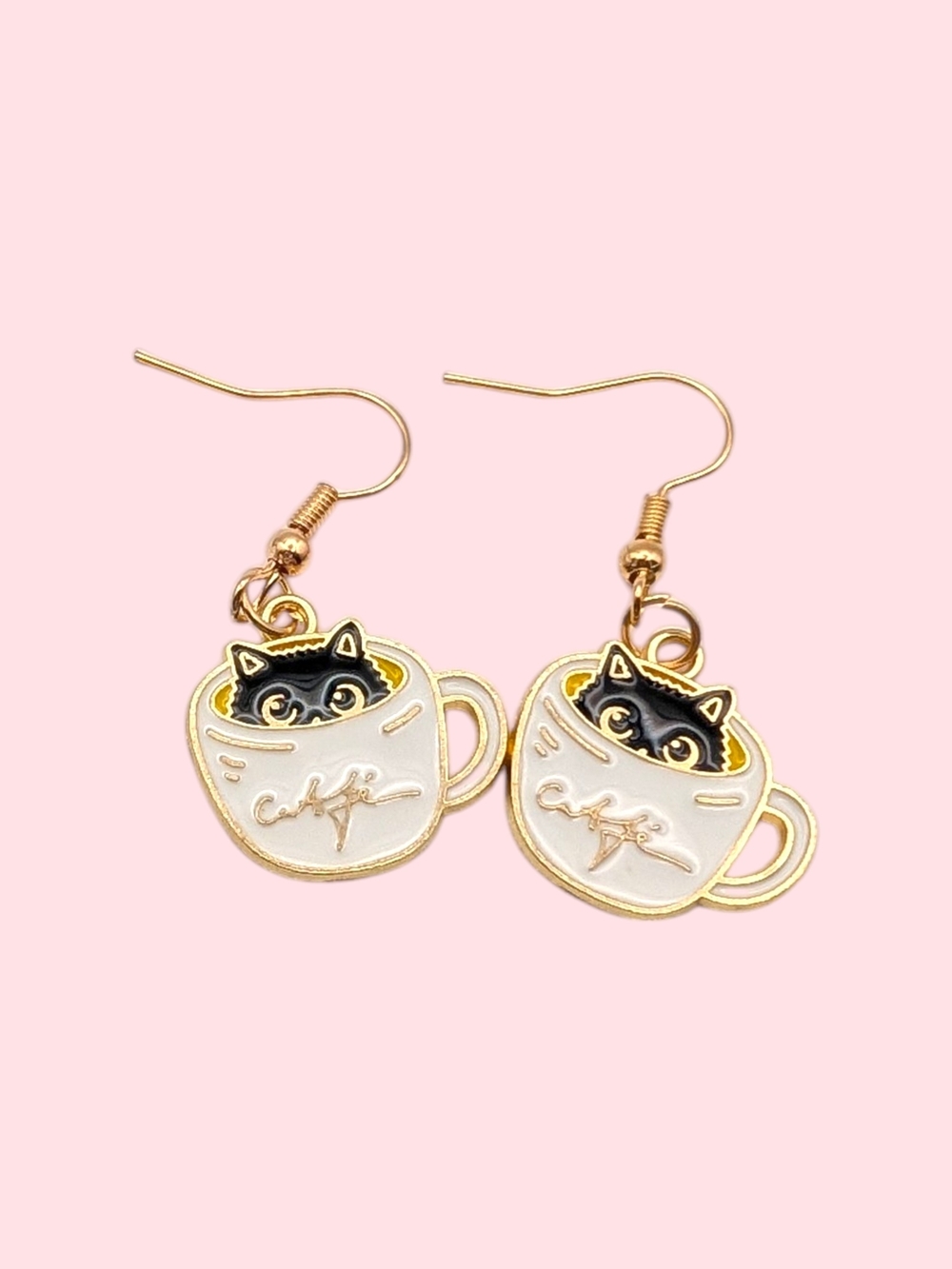 Cute Black Cat in White Cup Dangle Earrings - Whimsical Pet Jewelry
